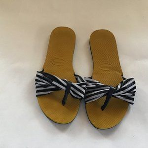 Havaianas blue/white stripe on yellow sole, USA size 7/8